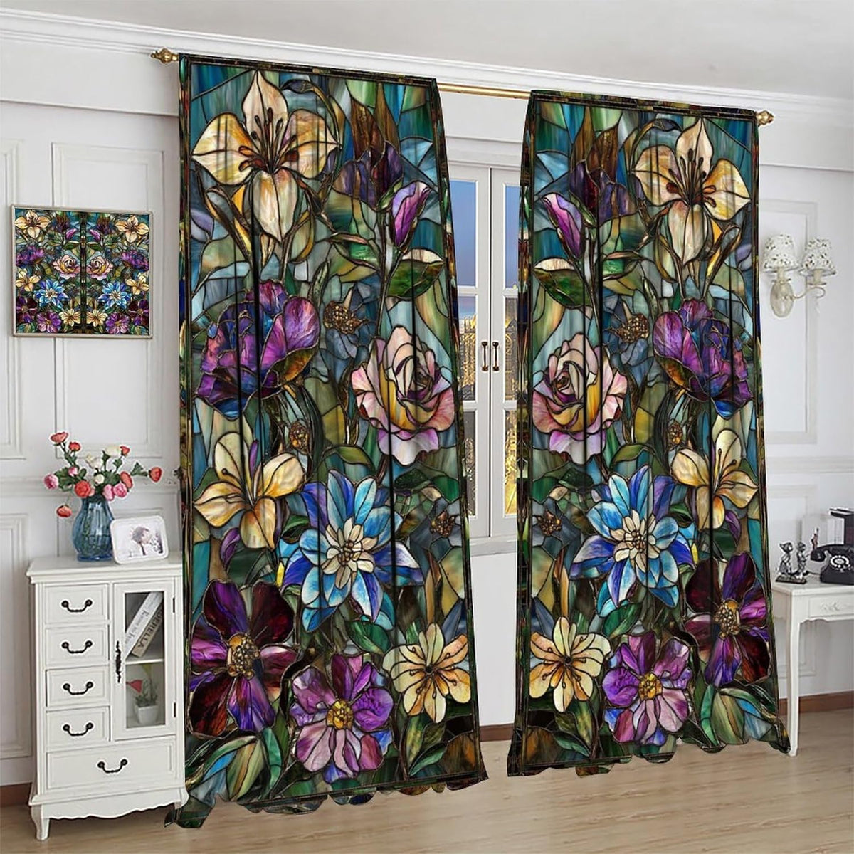 Stained Glass Curtains,Retro Colored Glass Flowers Art Home Decor Drapes for Bedroom Living Room Kitchen Window Treatment 2 Panels Set Total Size 42" W X 54" L Inch - HavenBliss Decor