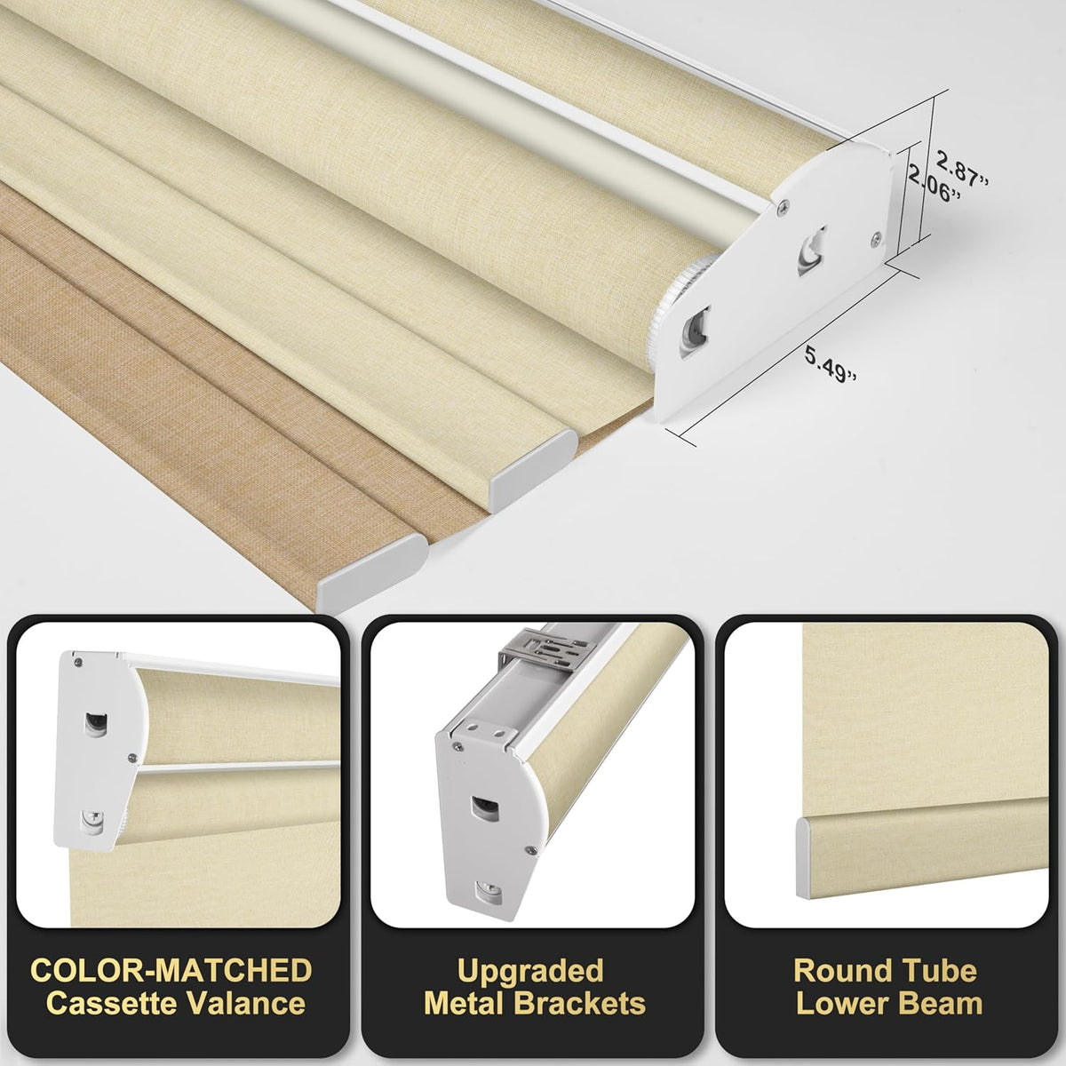 BERISSA Cordless Dual Roller Shades with Cassette Valance, Blackout and Light Filtering Shades for Home, Office, or Door. Linen Beige. 53 W x 86" H