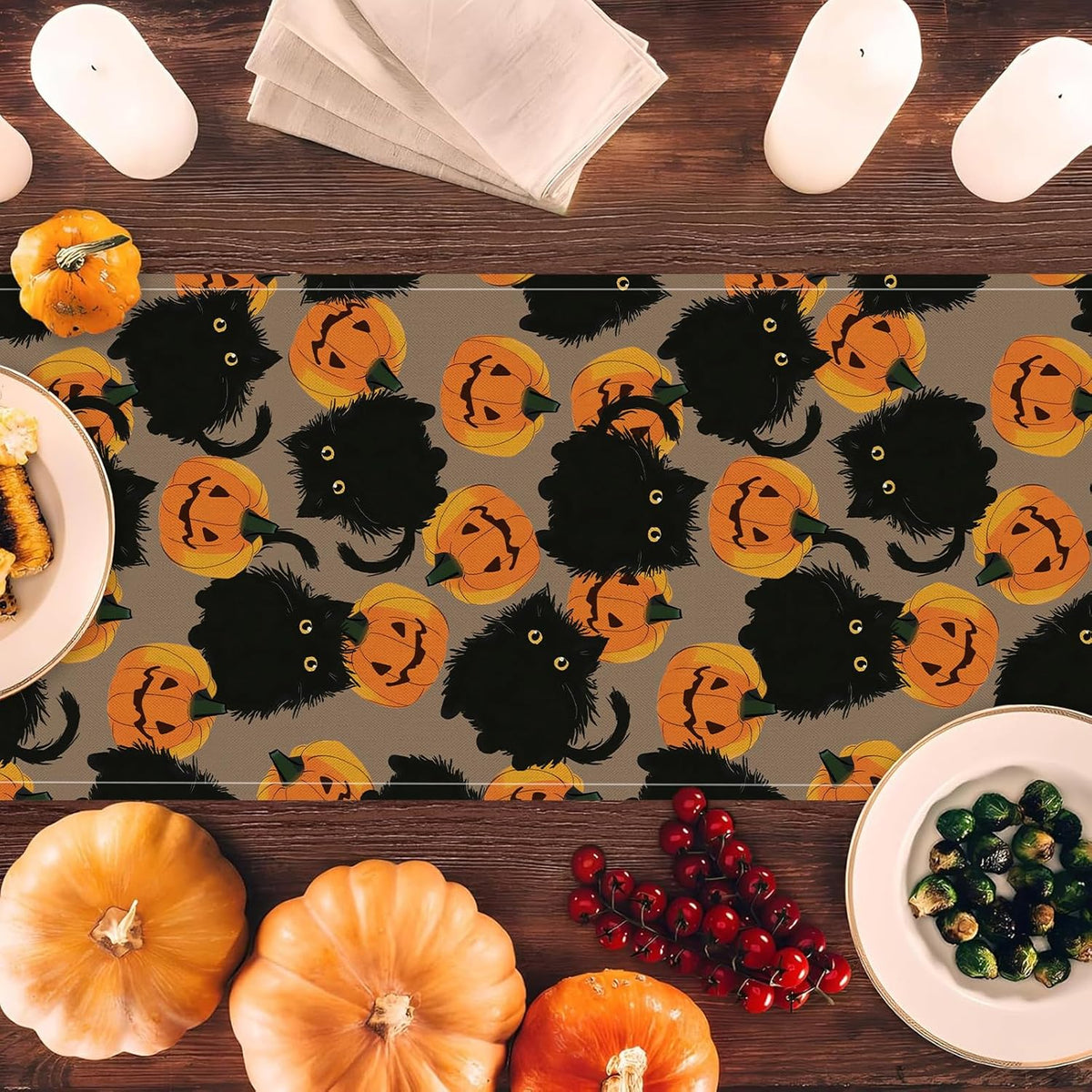 Halloween Table Runner Black Cat Pumpkins Seasonal Kitchen Dining Table Home Outdoor Party Decorations 13x90 Inch