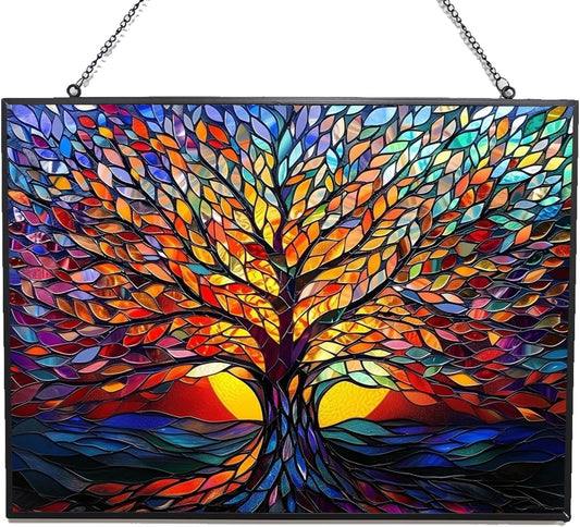 Rectangle Tree of Life Stained Glass Window Hanging Window Suncatcher Glass Panel with Metal Chain Sun Catchers Wall Art Home Decor Gift for Women Mother's Day - HavenBliss Decor