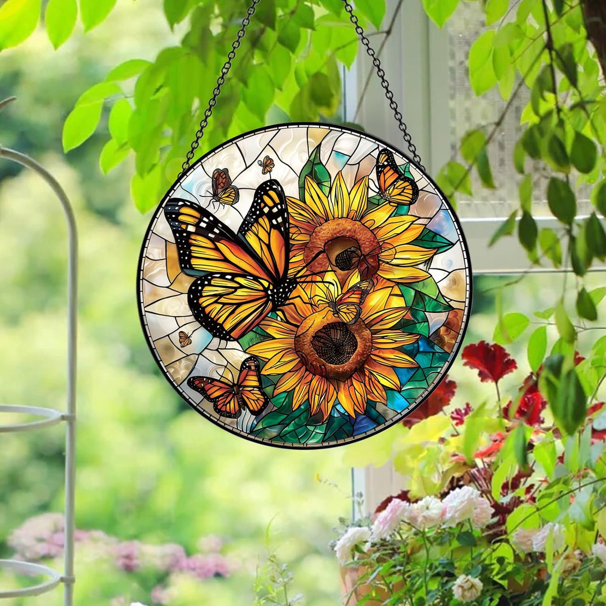 Stained Glass Window Hanging – Double-Sided Glass Sun Catcher with Chain – Memorial Window Art Panel for Home Décor, Spiritual Comfort, and All-Occasion Gifting - HavenBliss Decor