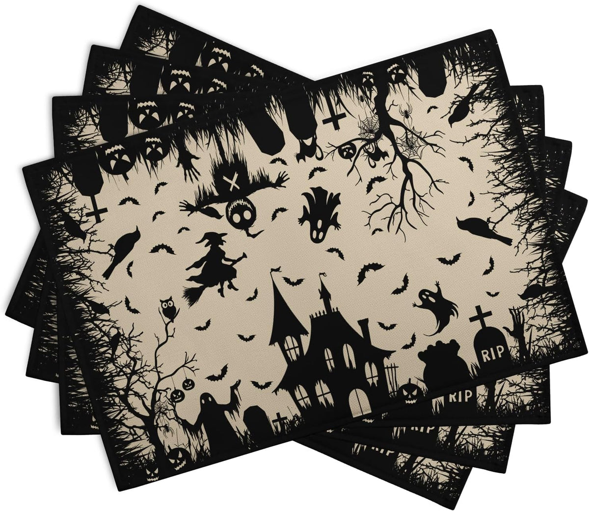 Halloween Placemats 12x18 Inch Set of 4 Black White Witch Castle Ghost Place Mats Spooky Haunted House Bats Tree Crow Table Mat for Party Kitchen Dining Outdoor Indoor Decor