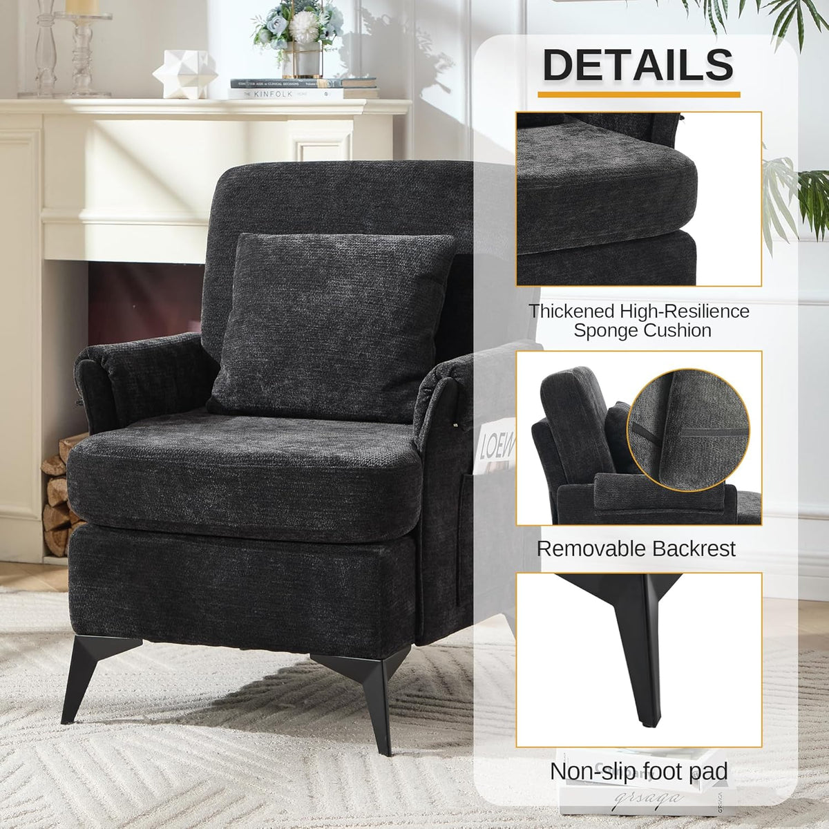 KCC Mid-Century Accent Chairs Set of 2,Chenille Modern Upholstered Single Sofa,Cozy Armchair with Back for Bedroom/Office/Cafe,Black