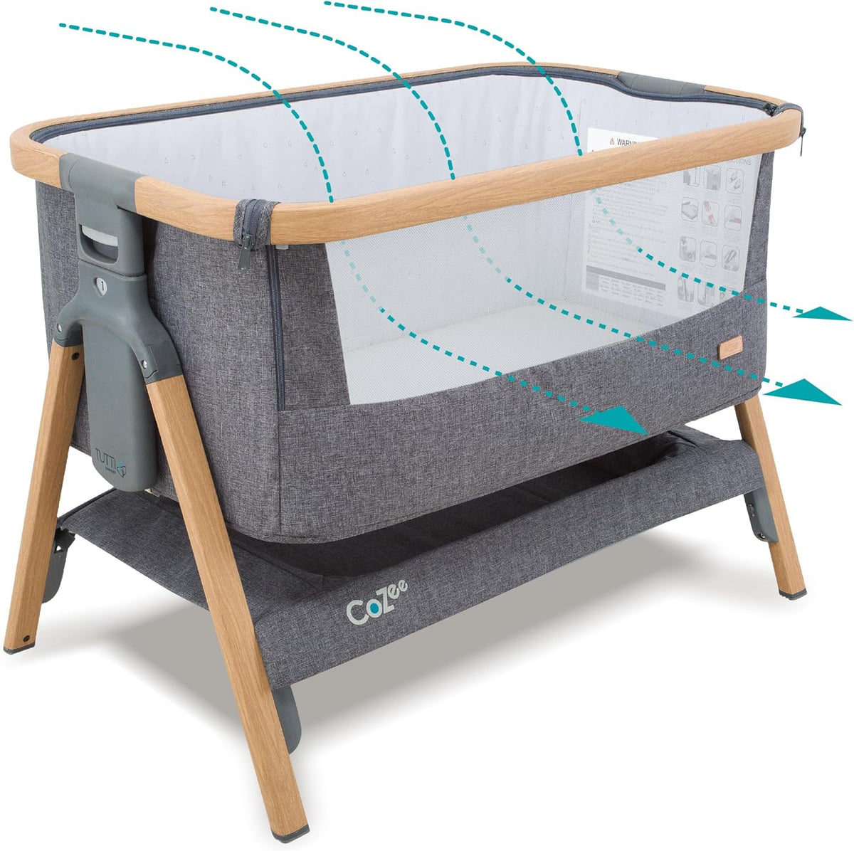 CoZee® 2-in-1 Baby Bassinet & Bedside Sleeper - Fast-Folding Bedside Bassinet, Baby Crib with 6 Mattress Heights & Breathable Mesh Window, Mattress Included, 0-6 Months (Oak & Charcoal)