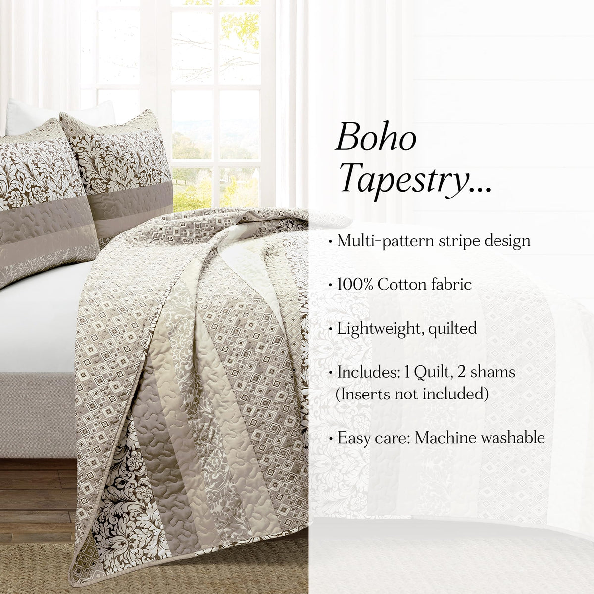 Boho Stripe Reversible Cotton Quilt 3 (3 Count)