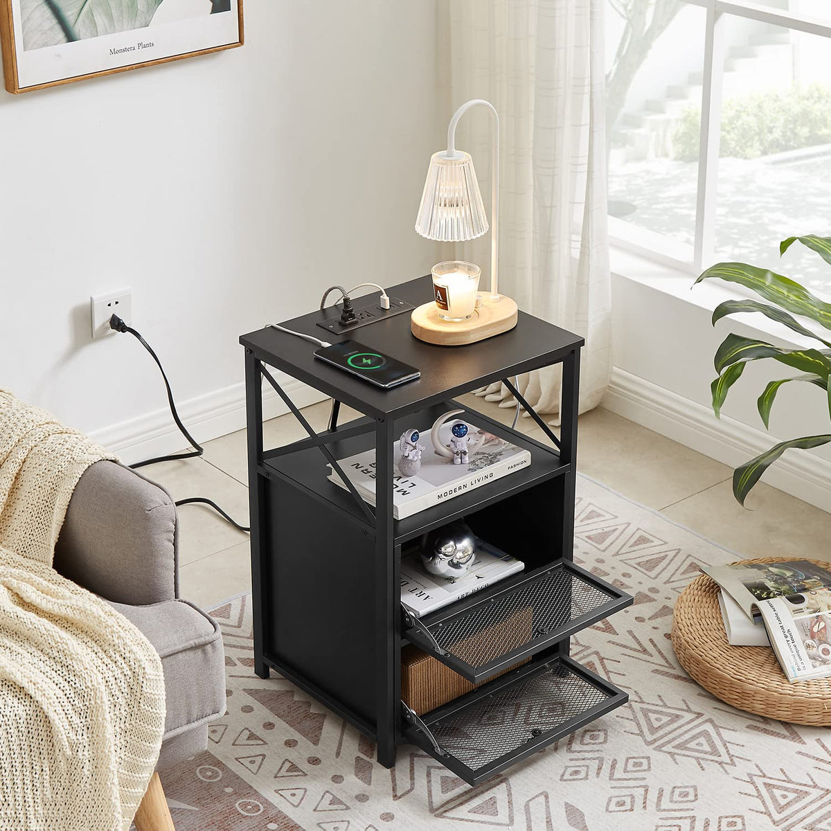 Black End Table with USB Ports and Outlets (2 Count)