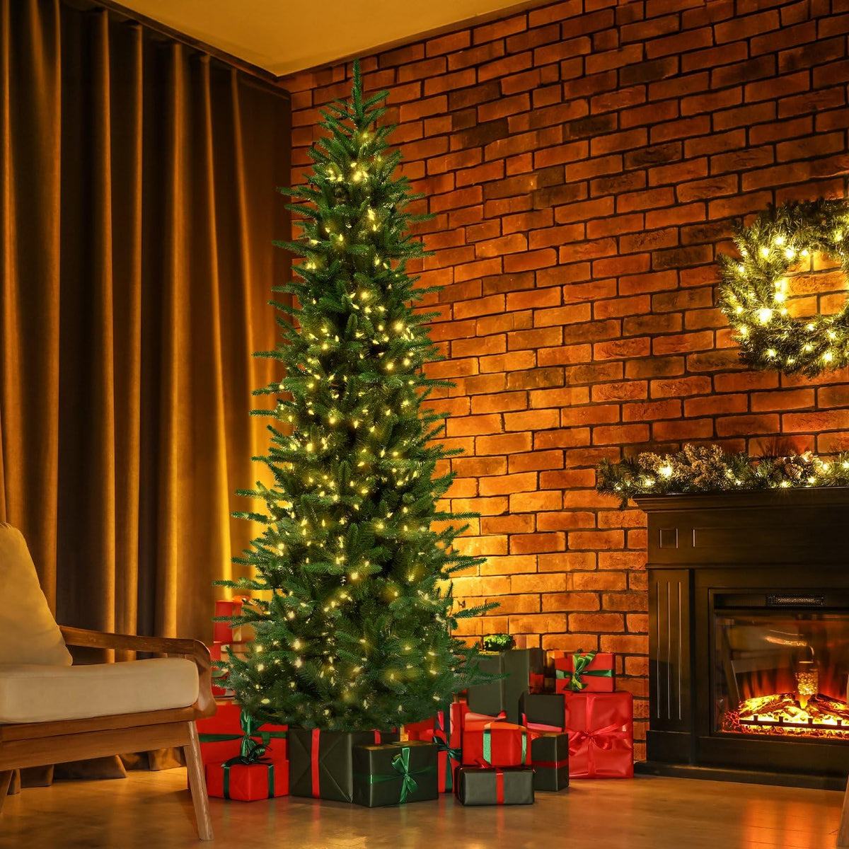 9 Ft. Carmel Pine Slim Artificial Christmas Tree with Warm White LED Lights and Stand