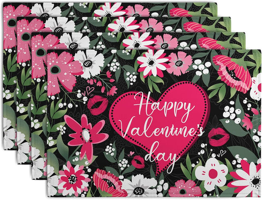 Happy Valentine's Day Placemats Set of 4 Valentine Flowers Love Heart Place Mats Pink Red White Floral Linen Table Mats Seasonal Black Placemat for Anniversary Wedding Party Kitchen Dining Decor