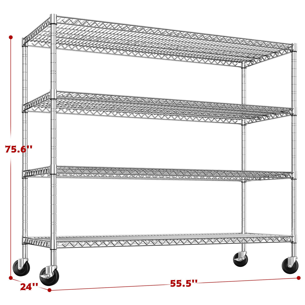 55.5''W Storage Shelves 2500LBS Wire Shelving Unit with Wheels Heavy Duty Metal Shelves for Storage Adjustable Garage Storage Rack Pantry Shelf Kitchen Shelving (4 Count)