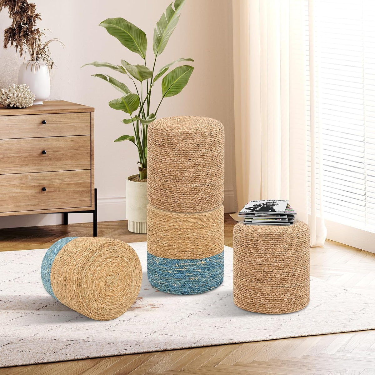 Pouf Ottomans, Handwoven Natural Straw Footstool, Round Braided Outdoor Patio Stool with Wood Frame, Boho Decor Accent Seat Balcony, or Garden (Natural)