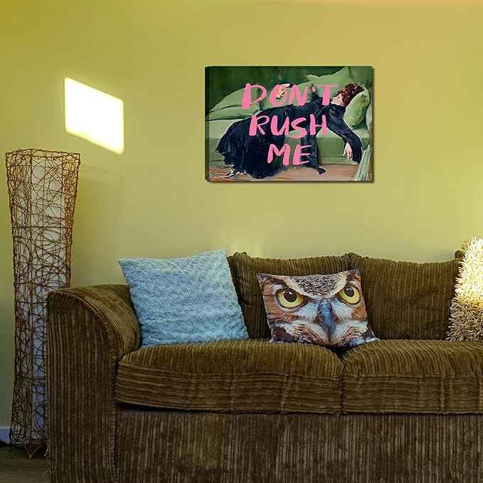 Maximalist Wall Art Decor Trendy Aesthetic Wall Decor Eclectic Girly Wall Art Don't Rush Me Altered Canvas Wall Art Vintage Pink Graffiti Poster for Living Room Bathroom Bedroom 24x16in Framed