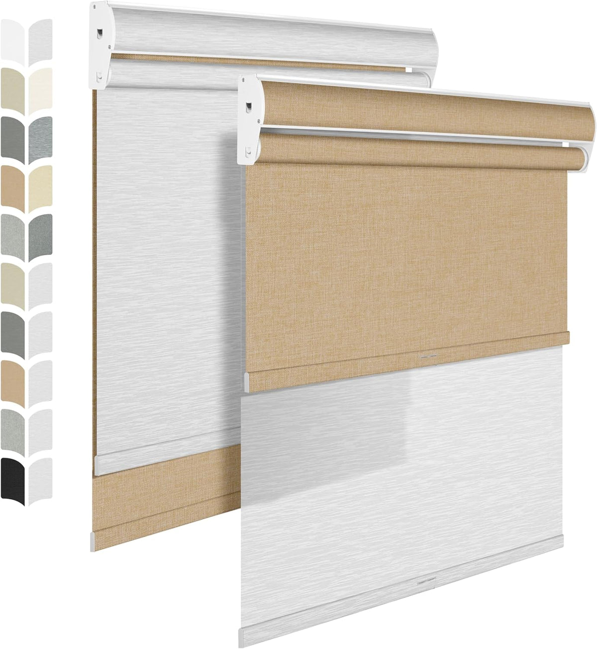 BERISSA Cordless Roller Shades with Cassette Valance,Double Window Shades, Blackout and Light Filtering Shades for Home Office Door. Linen Beige and White. 32 W x 80 H