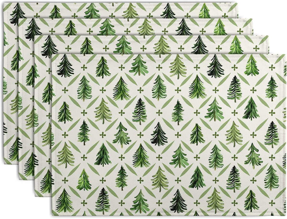 Sage Green Pine Tree Christmas Placemats Set of 4 Xmas Farmhouse Rustic Style Print Place Mat Seasonal Winter Holiday Linen Table Mats for Indoor Outdoor Kitchen Dining Party Decor