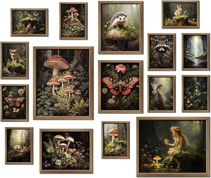 ANERZA 16 PCS Dark Cottagecore Wall Art Decor, Cottage Core Gallery Wall Prints for Bedroom, Fairycore Posters for Living Room Aesthetic, Nature Forest Mushroom Collage Kit, Whimsical Dorm Home Decor