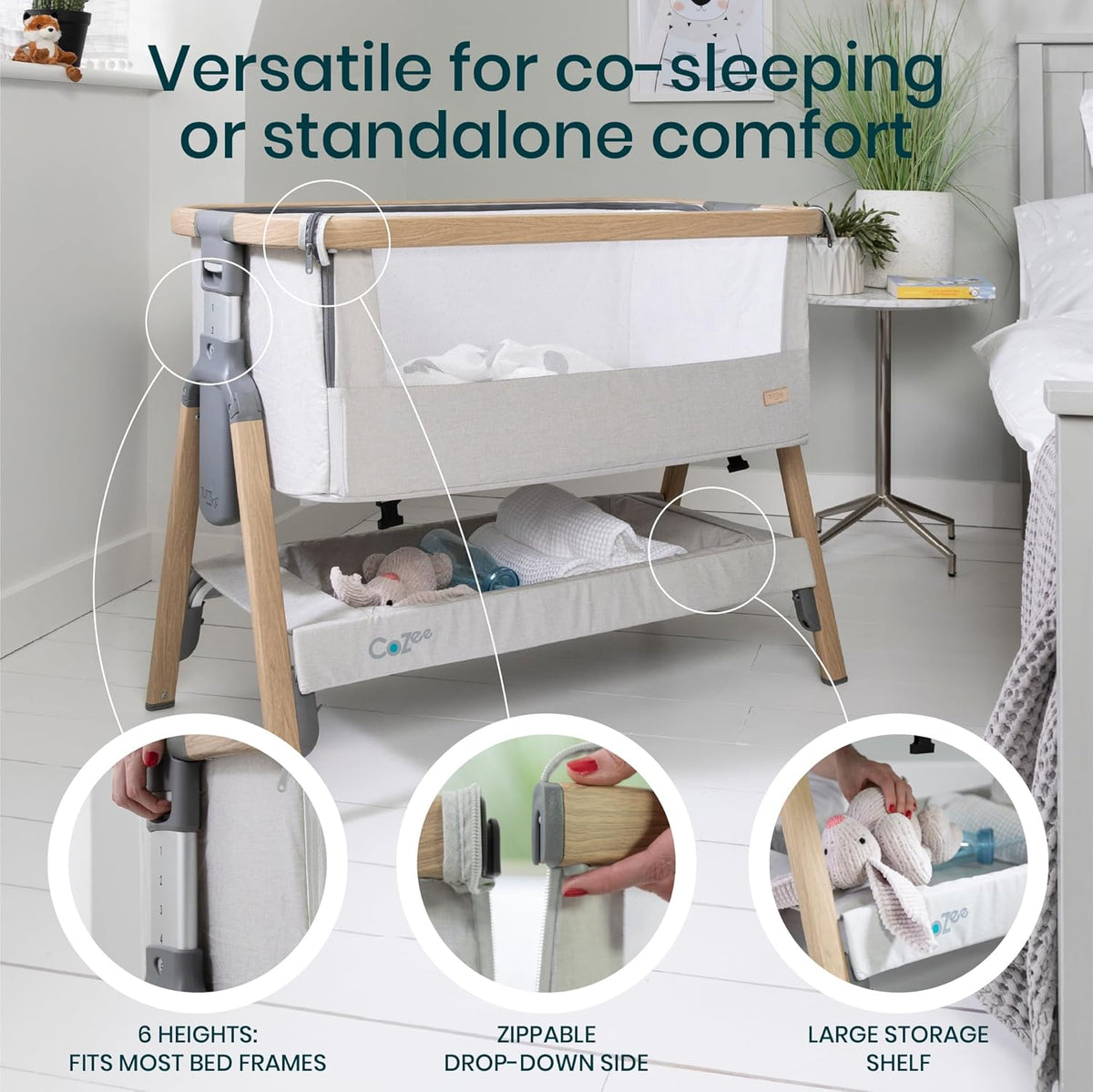 CoZee® 2-in-1 Baby Bassinet & Bedside Sleeper - Fast-Folding Bedside Bassinet, Baby Crib with 6 Mattress Heights & Breathable Mesh Window, Mattress Included, 0-6 Months (Silver & Oak)