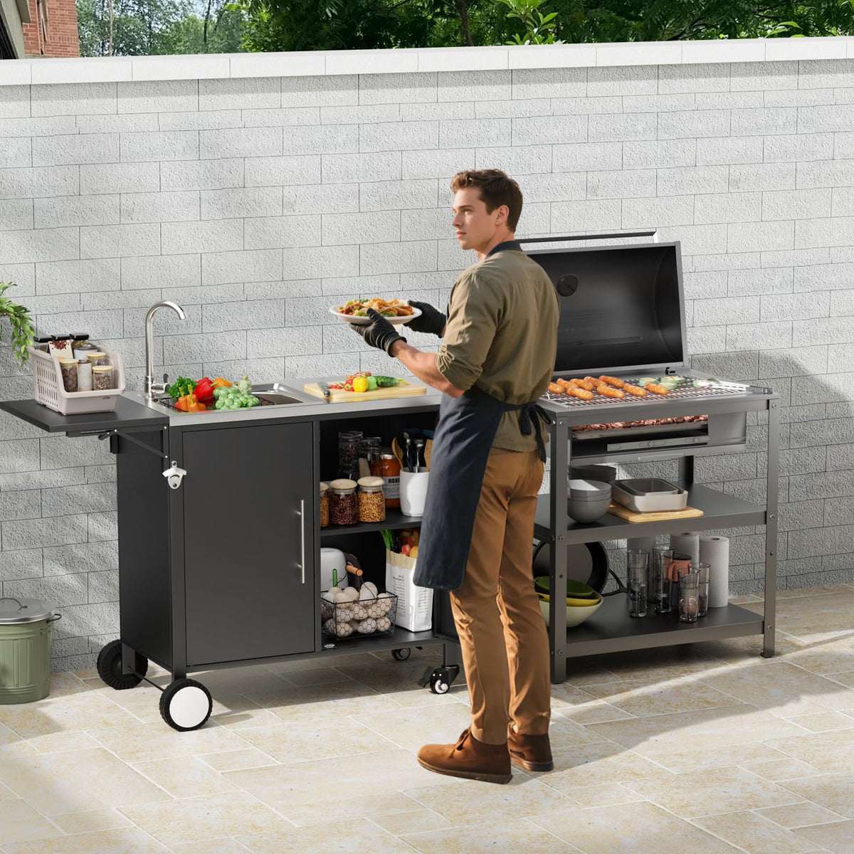 Outdoor Grill Table with Sink & Foldable Worktop