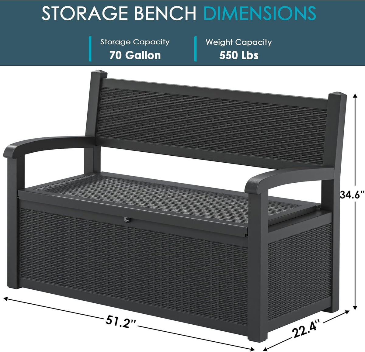 70 Gallon Storage Bench Deck Box for Patio Furniture with Armrest Bench Outdoor Storage - HavenBliss Decor