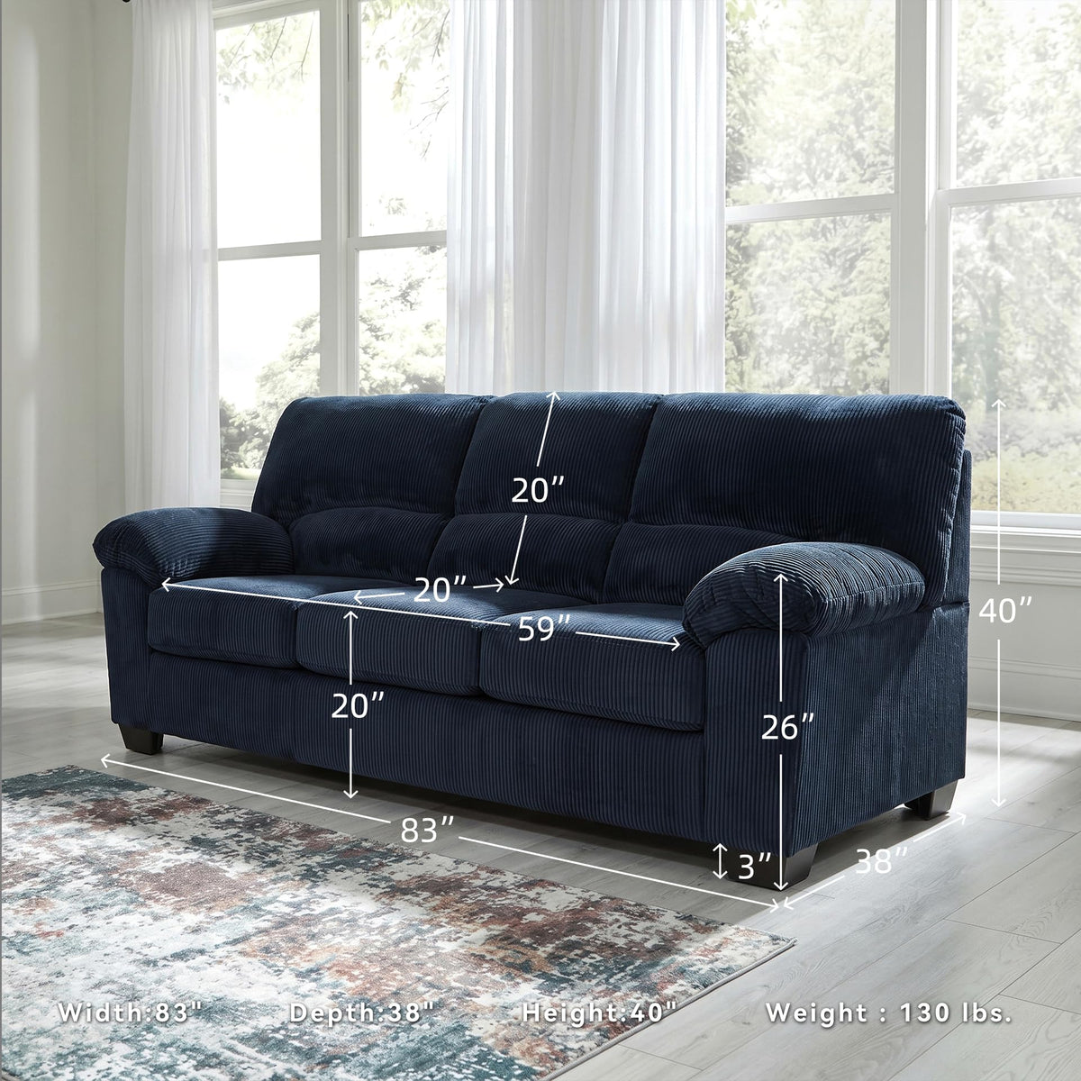 Sofa, 83-in Navy Corduroy, Anti-Sag Platform