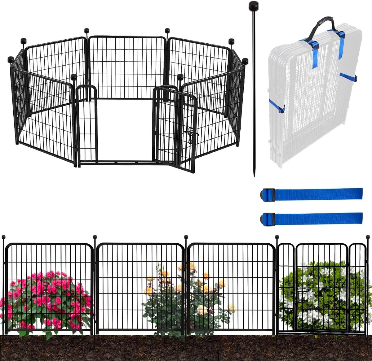 ADAVIN 32 in(H) Garden Fence with Low Threshold Door,14 Panels Total 31Ft(L) Dog Fences for The Yard, Outdoor or Indoor Dog Playpen, Black Metal Garden Fencing Animal Barrier