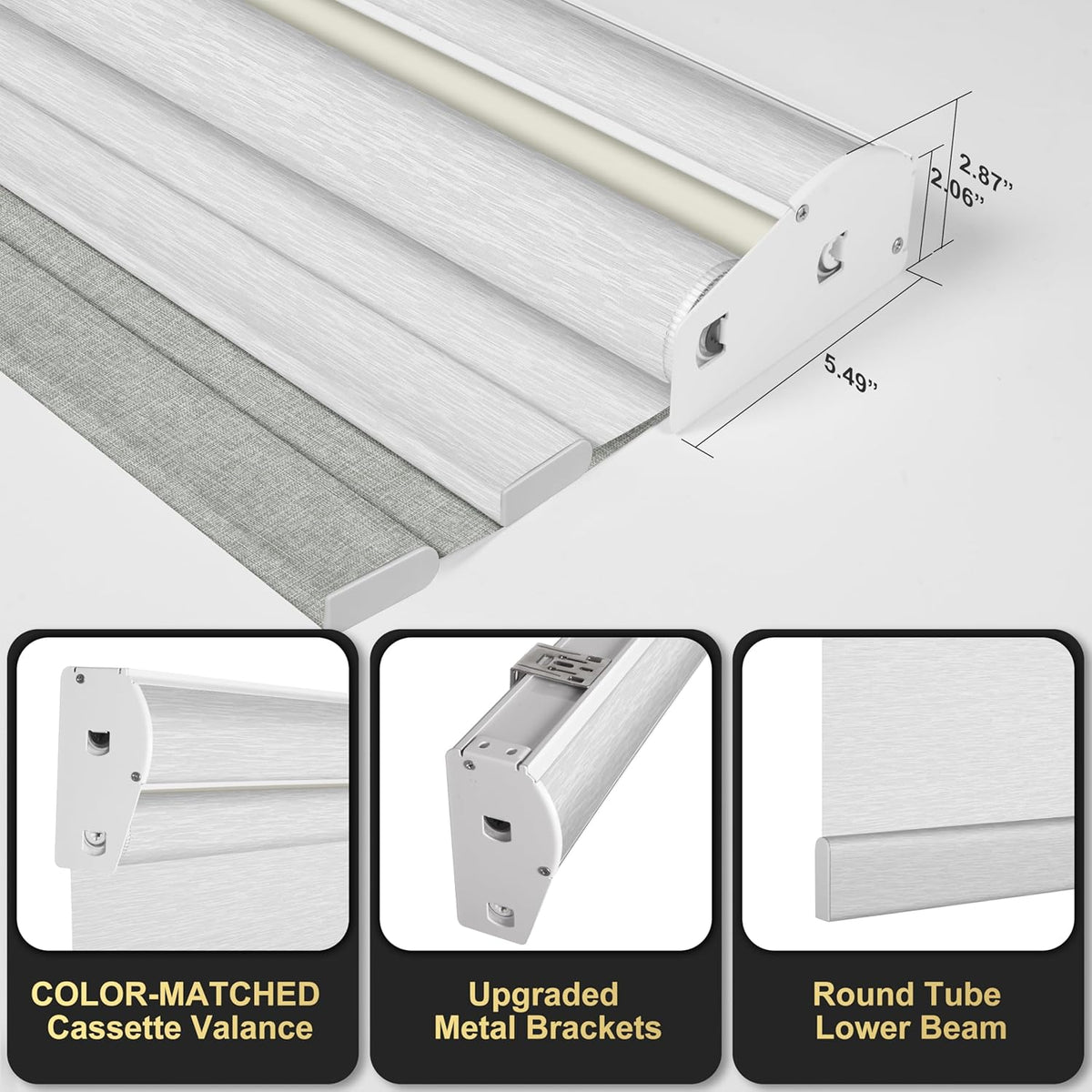BERISSA Cordless Dual Roller Shades with Cassette Valance, Double Window Shades - Blackout and Light Filtering, Day and Night for Home Office Door. Linen Grey and White. 44 W x 36" H