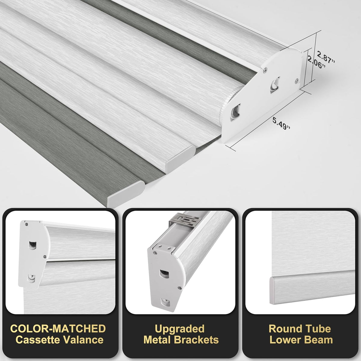 BERISSA Cordless Dual Roller Shades with Cassette Valance - Double Blackout and Light Filtering Shades for Home Office, Door. Grey and White. 58 W x 48" H
