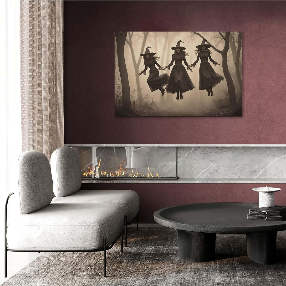 JFHCQJPK Three ghost witches flying in vintage forest gothic wall art witchcraft decoration holiday gift canvas wall art print28x40in Frameless