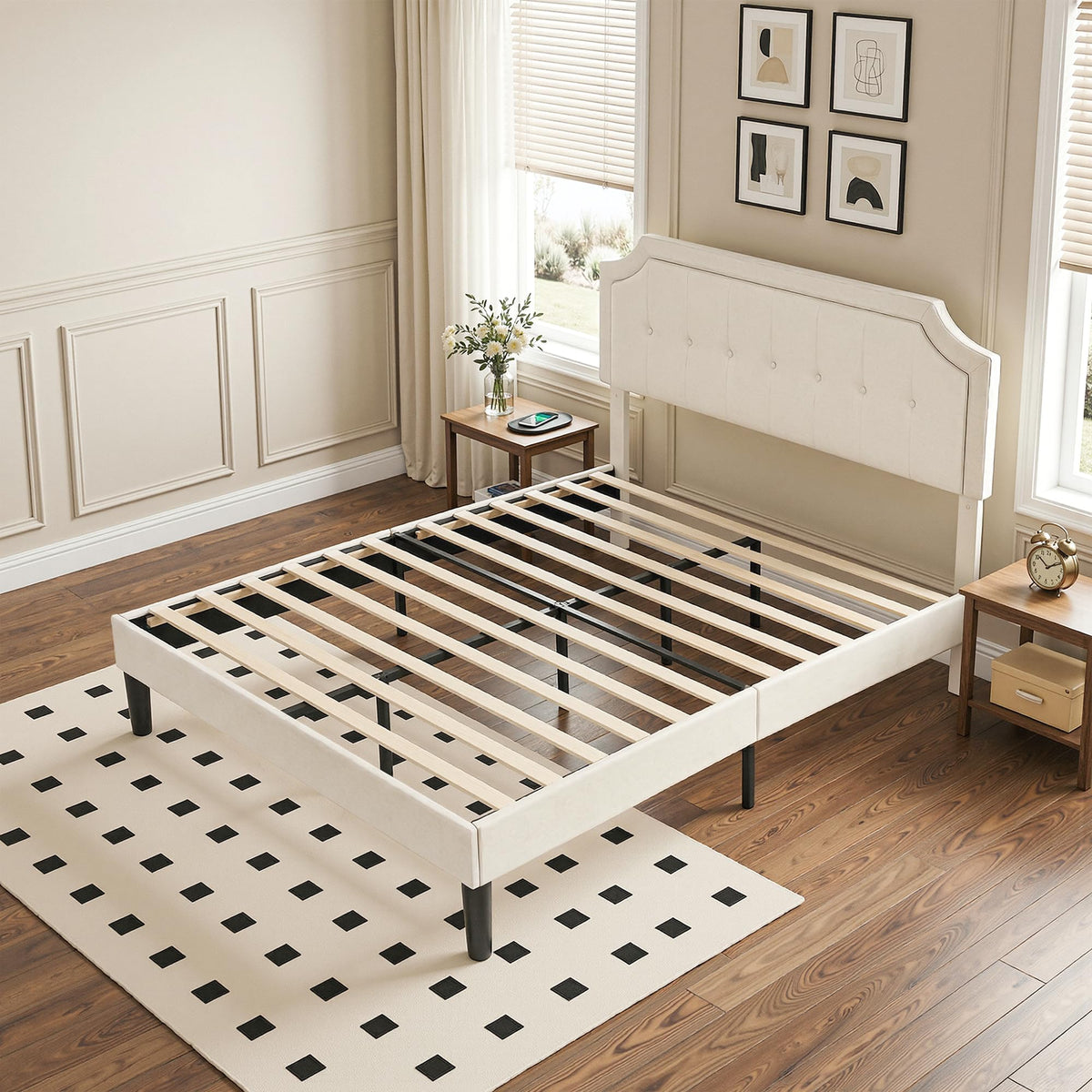 Full Size Bed Frame with Fabric Upholstered Headboard
