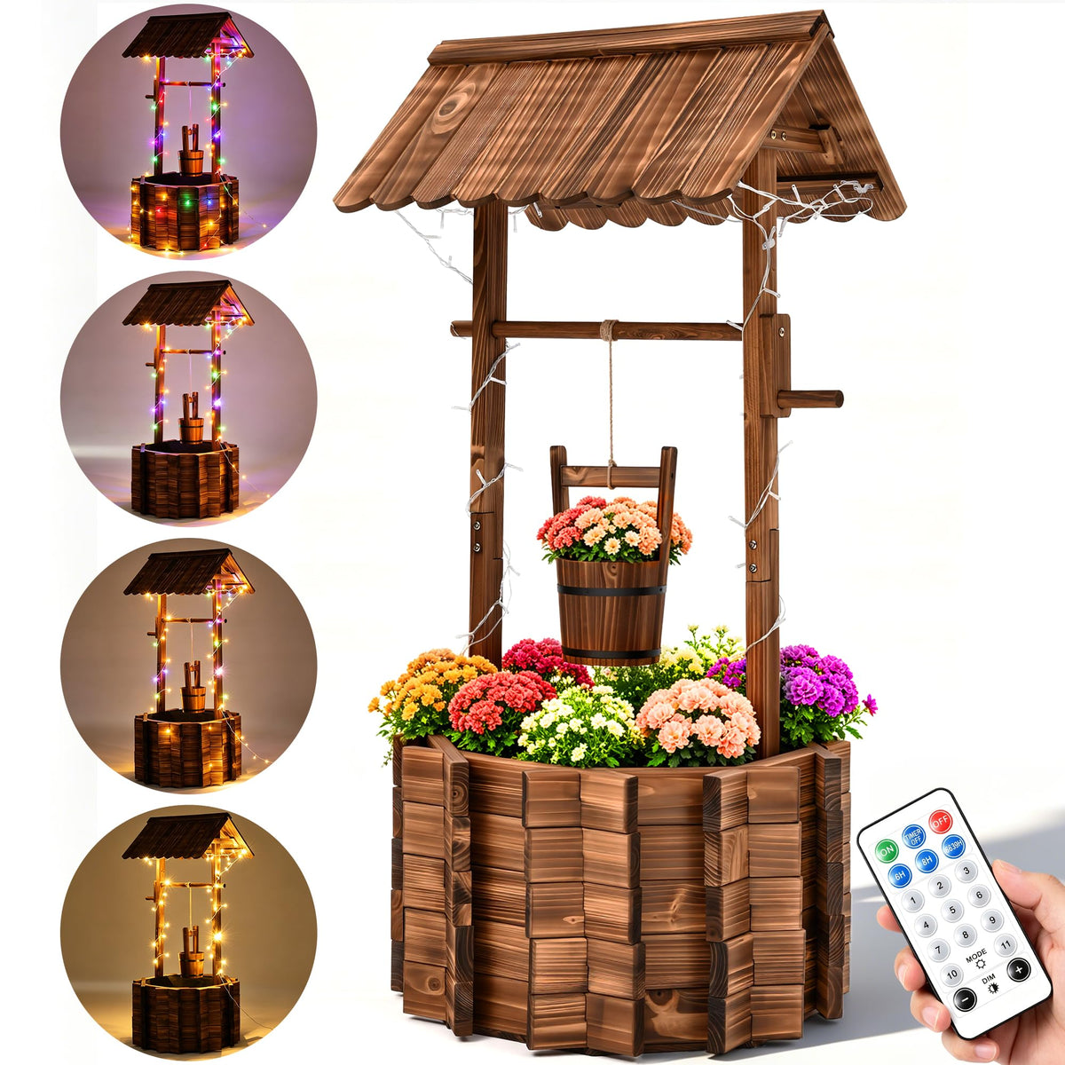 54" Outdoor Wooden Wishing Well Planter with Colorful LED Lights