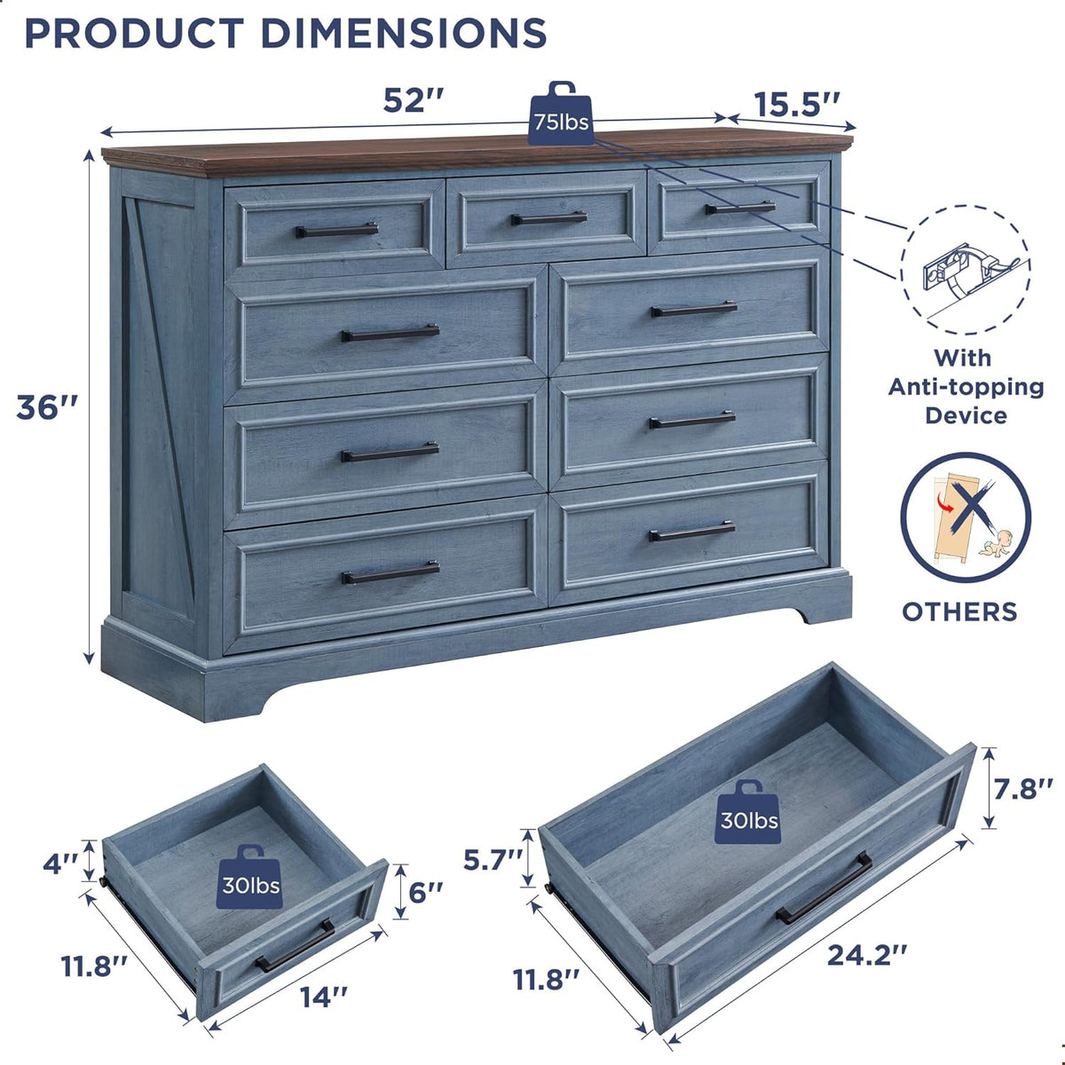 Farmhouse 9 Drawer Dresser for Bedroom, 36 Inch Tall Modern Dresser TV Stand with Large Drawers & Bar Handles, Rustic Wood Chest of Drawers for Bedroom, Living Room, Hallway, Blue