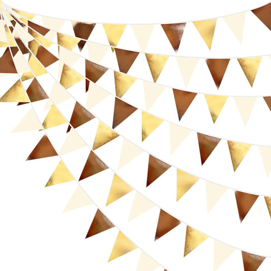 Brown Beige and Gold Party Decorations Fabric Triangle Pennant Banner Flag Bunting Garland for Boho Neutral Rustic Cowboy Western Teddy Bear Birthday Baby Shower Graduation Engagement Party Supplies - HavenBliss Decor