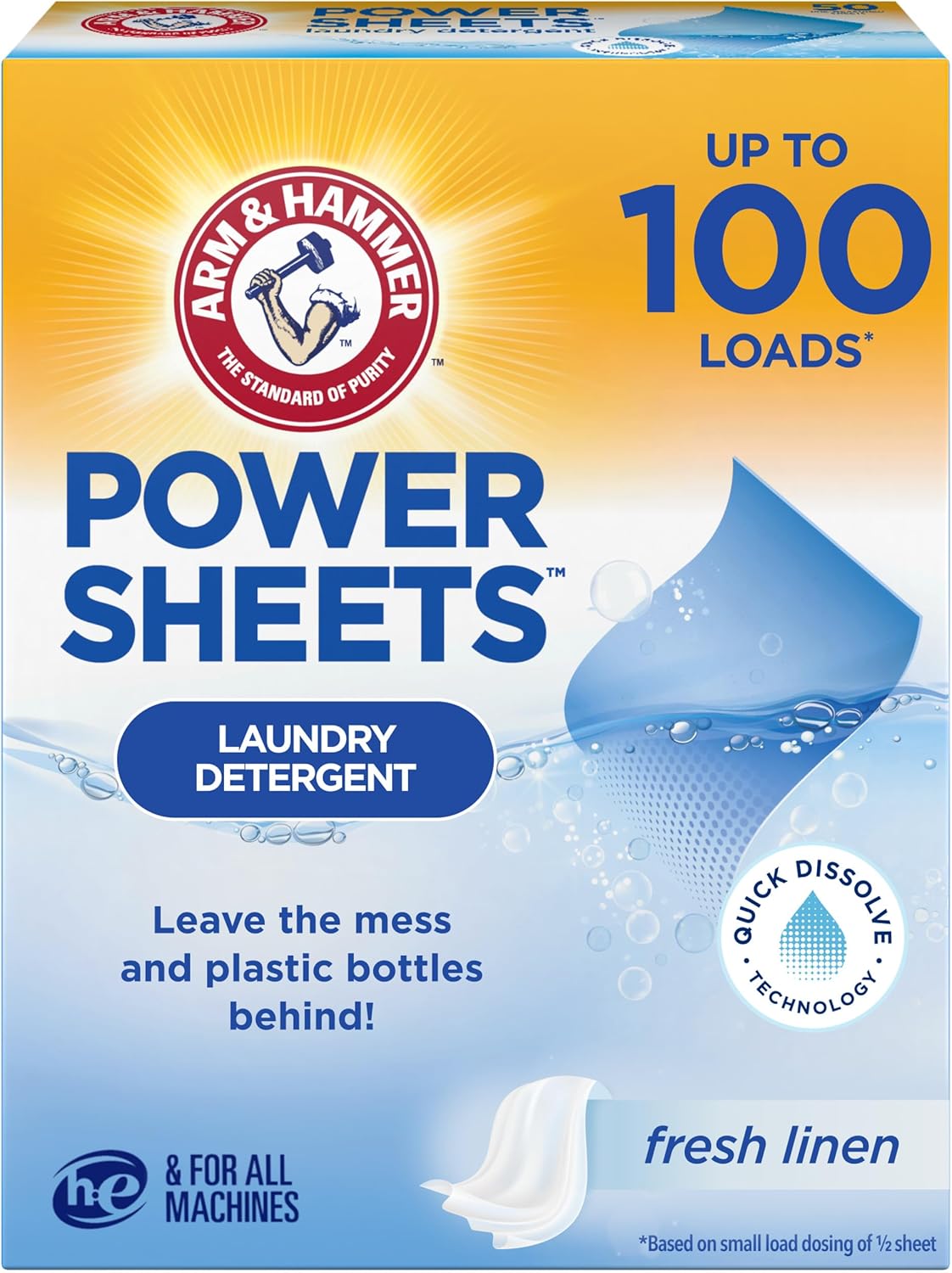 Arm & Hammer Power Sheets Laundry Detergent, Fresh Linen 50ct, up to 100 Small Loads (Packaging may vary) - HavenBliss Decor