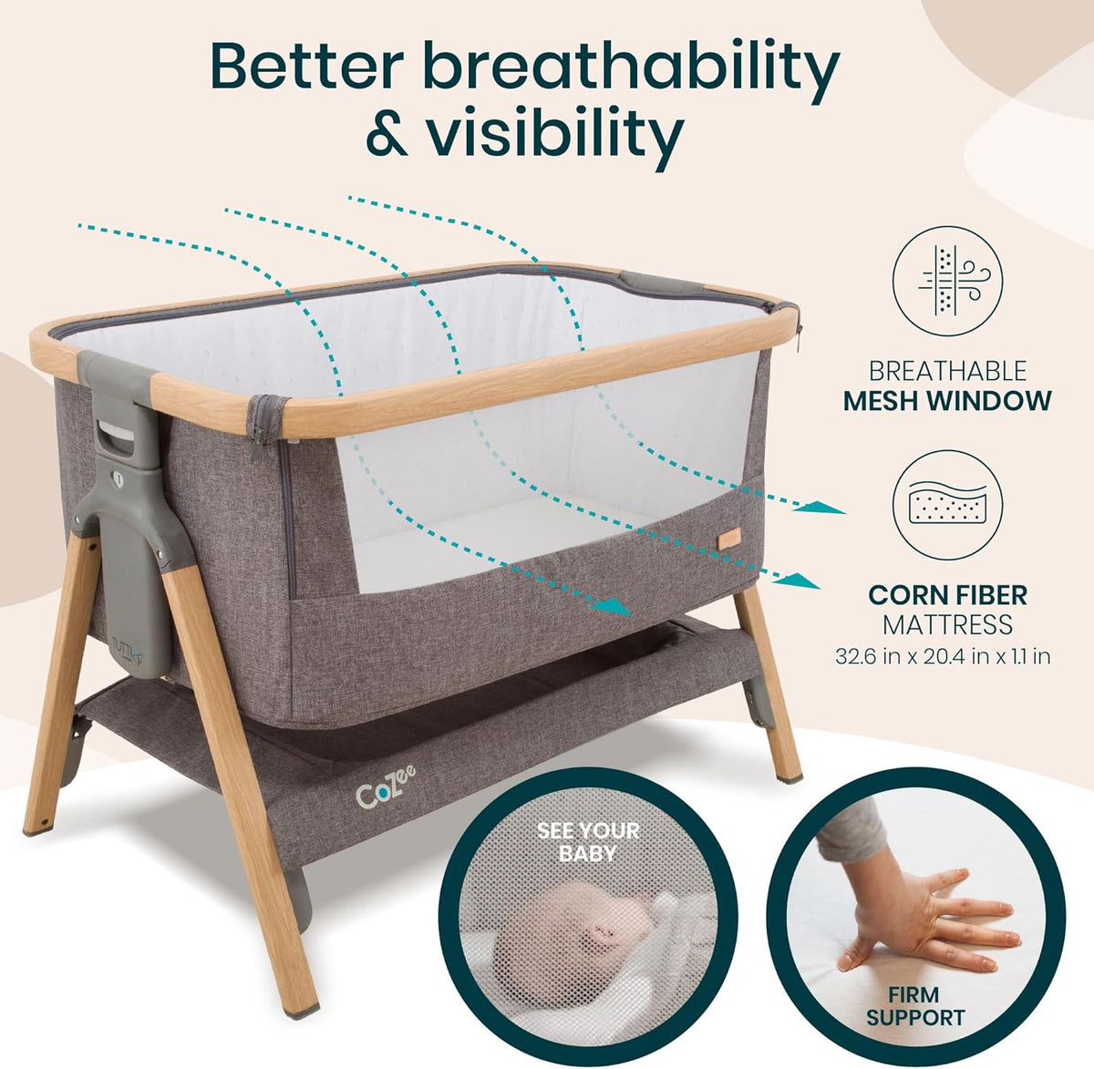 CoZee® 2-in-1 Baby Bassinet & Bedside Sleeper - Fast-Folding Bedside Bassinet, Baby Crib with 6 Mattress Heights & Breathable Mesh Window, Mattress Included, 0-6 Months (Oak & Charcoal)