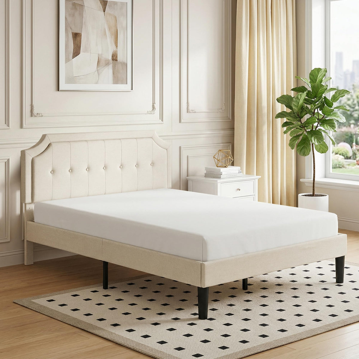 Full Size Bed Frame with Fabric Upholstered Headboard