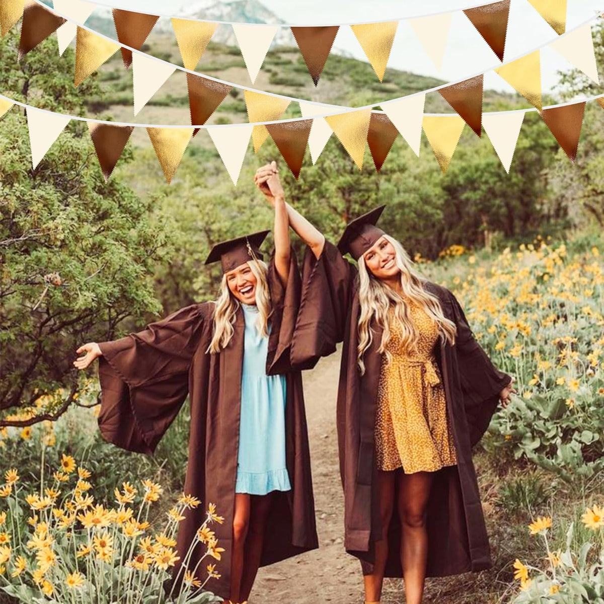 Brown Beige and Gold Party Decorations Fabric Triangle Pennant Banner Flag Bunting Garland for Boho Neutral Rustic Cowboy Western Teddy Bear Birthday Baby Shower Graduation Engagement Party Supplies - HavenBliss Decor