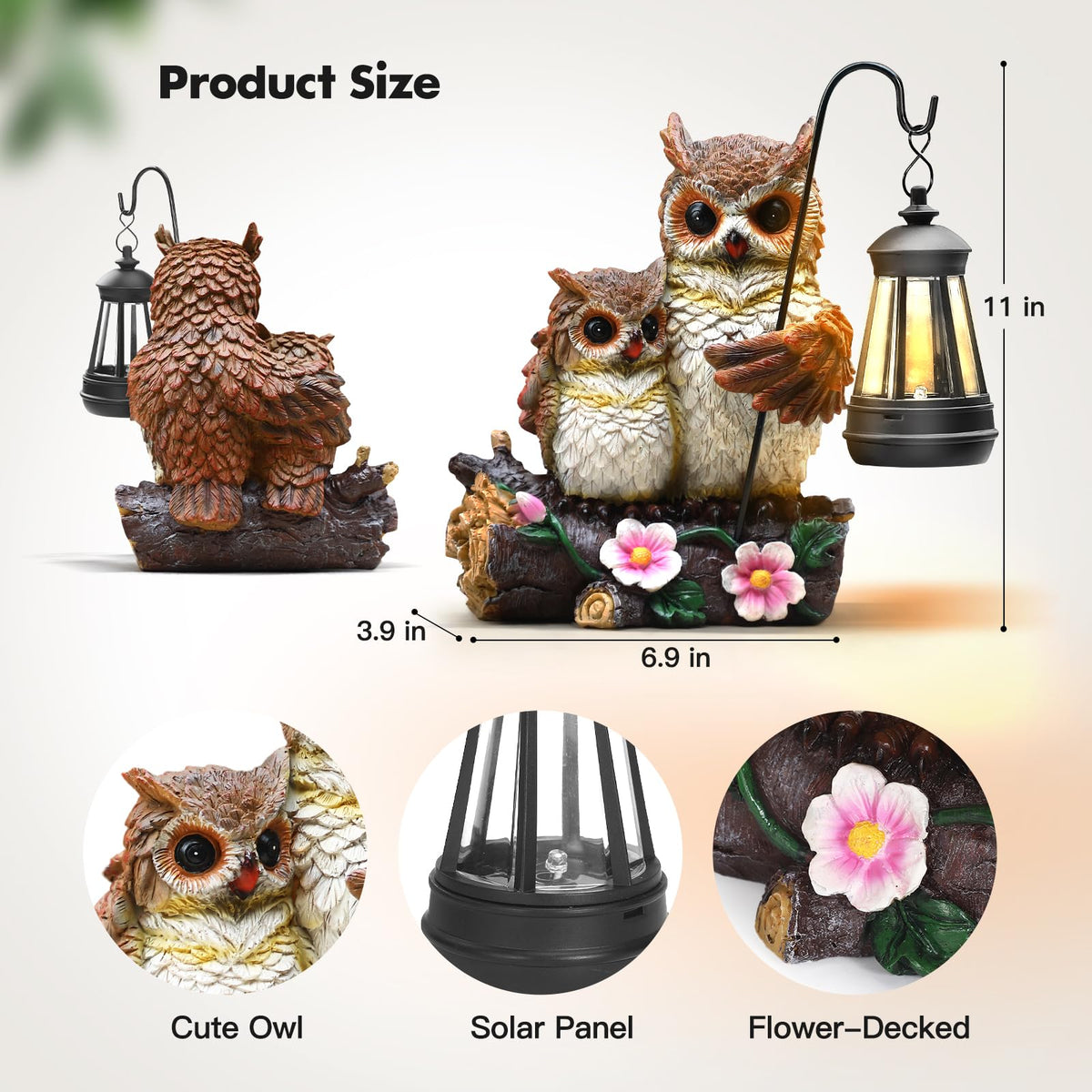 Garden Owls Statue with Solar LED Lantern