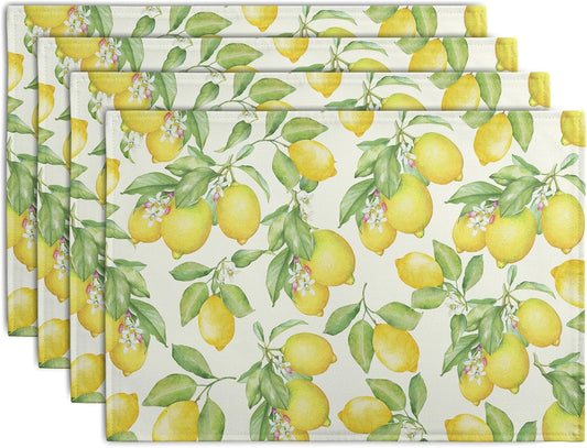 Lemon Placemats Set of 4 Summer Yellow Fruit Green Leaf Floral Linen Table Mat Rustic Farmhouse Spring Heat Resistant Non Slip Washable Place Mats for Dining Kitchen Party Decor
