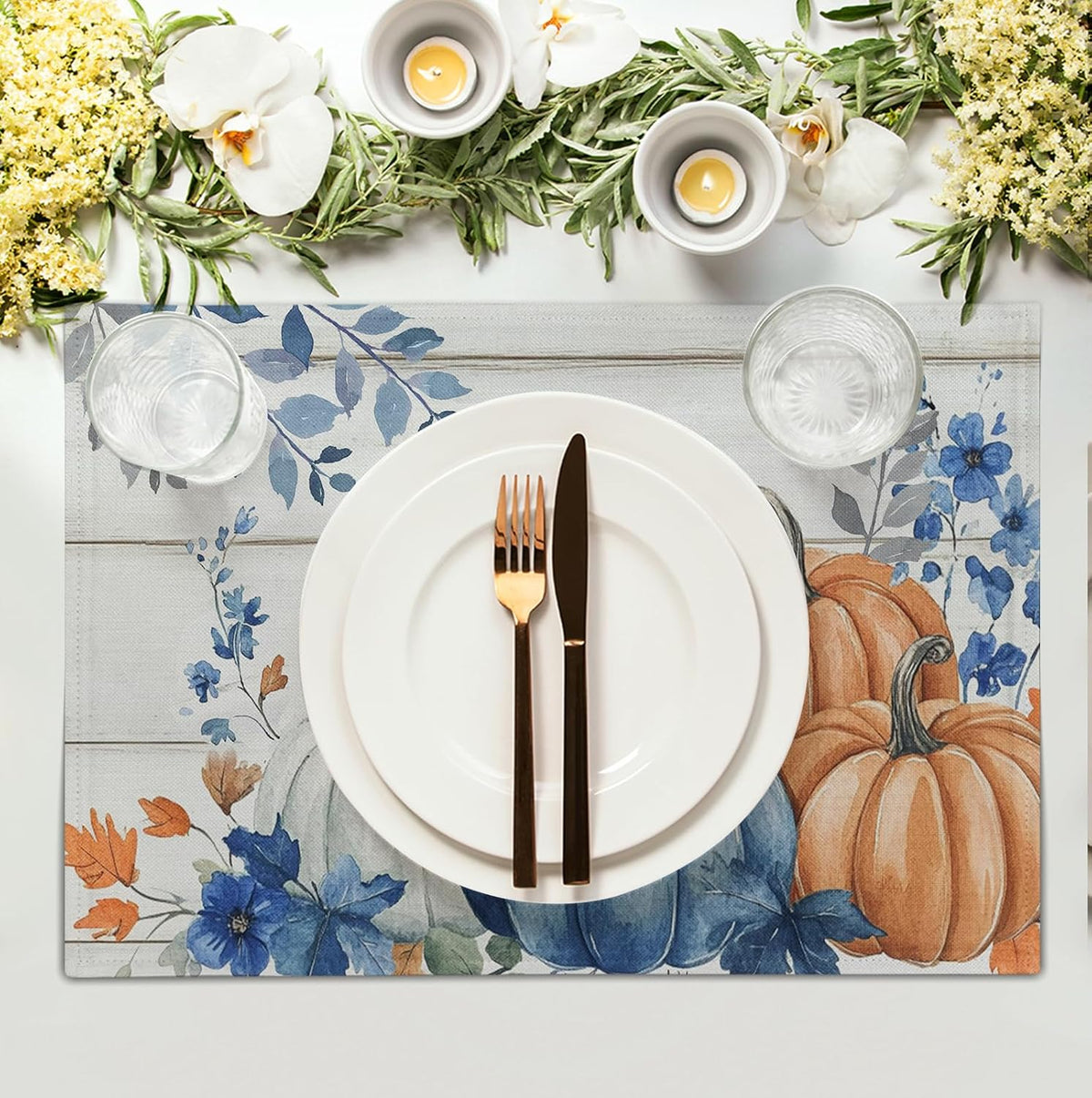 Autumn Placemats Blue Pumpkin Fall Place Mat Eucalyptus Leaves Floral Wood Grain Table Mats Thanksgiving Harvest Linen Placemat Party Kitchen Dining Decoration 12x18 Inch Set of 4