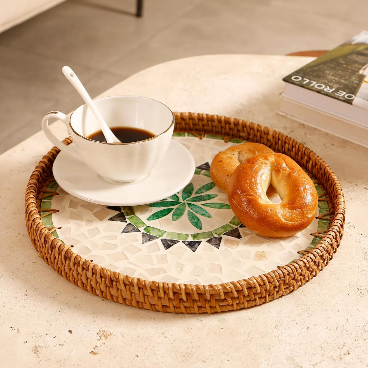 Round Rattan Tray with Mother of Pearl Inlay & Wooden Base - Decorative Wicker Serving Tray for Coffee/Bread/Fruits, Food Storage & Display - Multipurpose Home Decor (M,Bohemia) - HavenBliss Decor