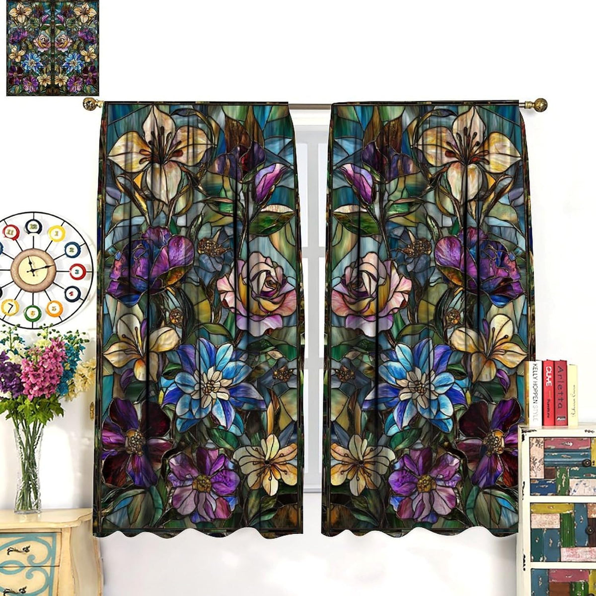 Stained Glass Curtains,Retro Colored Glass Flowers Art Home Decor Drapes for Bedroom Living Room Kitchen Window Treatment 2 Panels Set Total Size 42" W X 54" L Inch - HavenBliss Decor