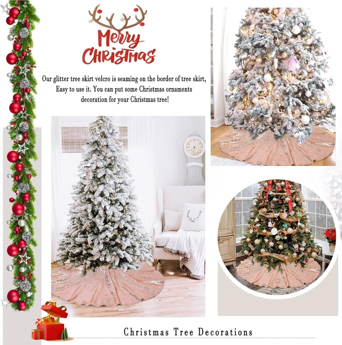 Tree Skirt 48 Inch Sequin Rose Gold Tree Skirt Christmas Decorations