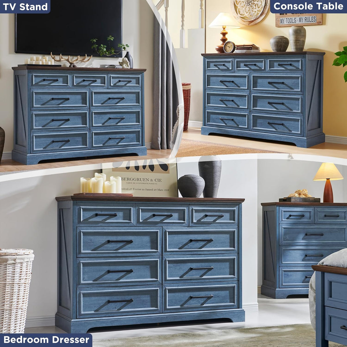 Farmhouse 9 Drawer Dresser for Bedroom, 36 Inch Tall Modern Dresser TV Stand with Large Drawers & Bar Handles, Rustic Wood Chest of Drawers for Bedroom, Living Room, Hallway, Blue