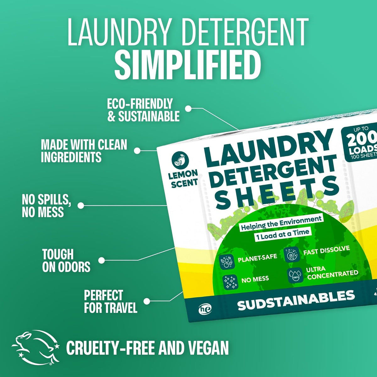 Sudstainables Laundry Detergent Sheets (200 Loads) – Eco-Friendly, Zero Waste, Plastic-Free Laundry Washing Machines Soap Sheets; Dissolvable, Space-Saving Strips for Travel (Lemon) - HavenBliss Decor