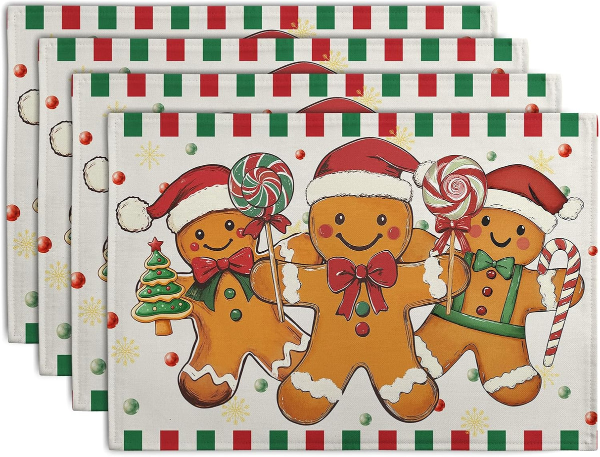 Gingerbread Man Christmas Placemats Set of 4 Candy Cane Xmas Seasonal Holiday Linen Table Mats Red Green Orange Winter Washable Place Mats for Party Kitchen Dining Outdoor Indoor Decor