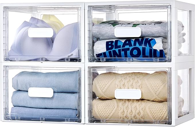 Vtopmart 4 Pack 18QT White Stackable Storage Drawers,Easily Assemble Closet Organizers,Plastic Storage Bins for Bathroom,Cabinet,Kitchen Pantry,Under Sink Organization(Medium)