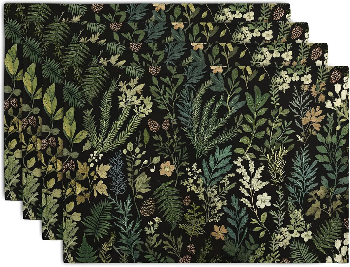 Black Sage Green Plant Placemats Set of 4 Vintage Botanic Fern Leaves Herb Floral Place Mats Rustic Farmhouse Linen Fabric Table Mats for Party Kitchen Dining Outdoor Indoor Decor