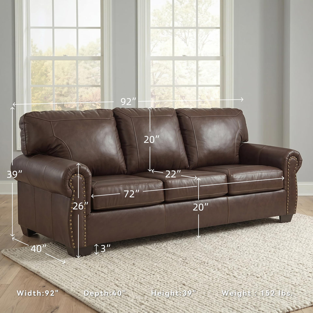 92 in Classic Leather Sofa Couch