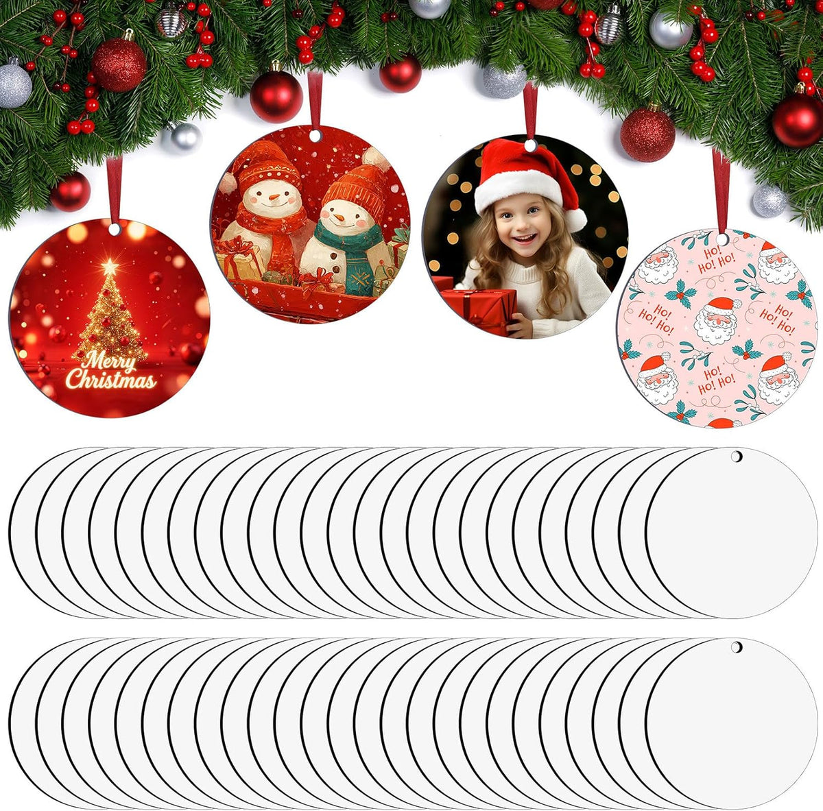 50 PCS Sublimation Ornament Blanks Double Sided MDF Sublimation Christmas Ornaments Blanks Bulk for Christmas Tree Decor Halloween Day DIY Crafts with Red Ribbon 2.75 inch