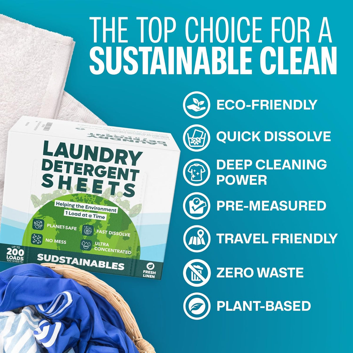Sudstainables Laundry Detergent Sheets (200 Loads) – Eco-Friendly, Zero Waste, Plastic-Free Laundry Washing Machines Soap Sheets; Dissolvable, Space-Saving Strips for Travel (Fresh Linen) - HavenBliss Decor