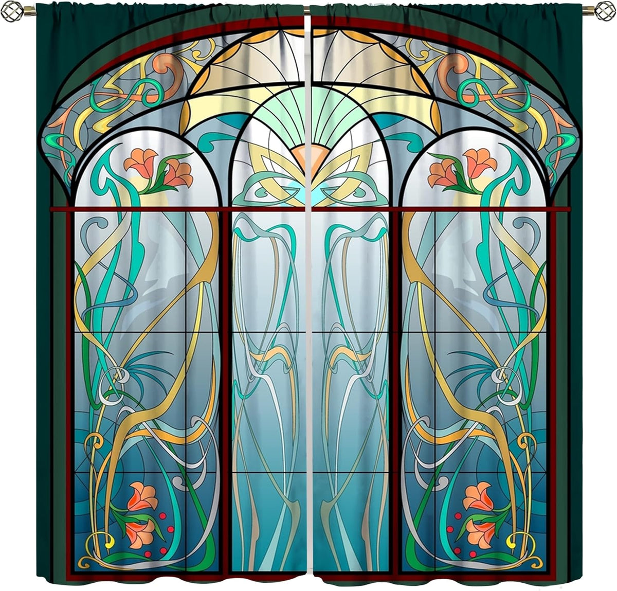 Stained Glass Curtains, Retro Mid Century Boho Abstract Art Home Decor Drapes for Bedroom Living Room Kitchen Window Treatment 2 Panels Set Total Size 55" W X 63" L Inch - HavenBliss Decor
