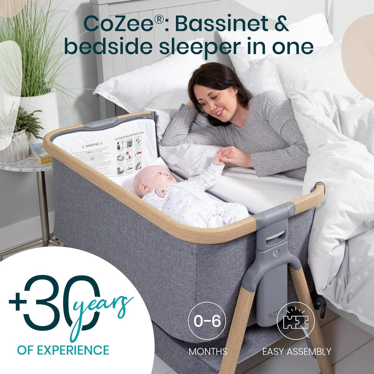 CoZee® 2-in-1 Baby Bassinet & Bedside Sleeper - Fast-Folding Bedside Bassinet, Baby Crib with 6 Mattress Heights & Breathable Mesh Window, Mattress Included, 0-6 Months (Oak & Charcoal)